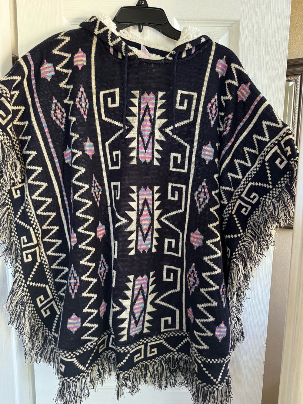 Boho Hooded Fringe Poncho in Black & Cream with Pastel Accents